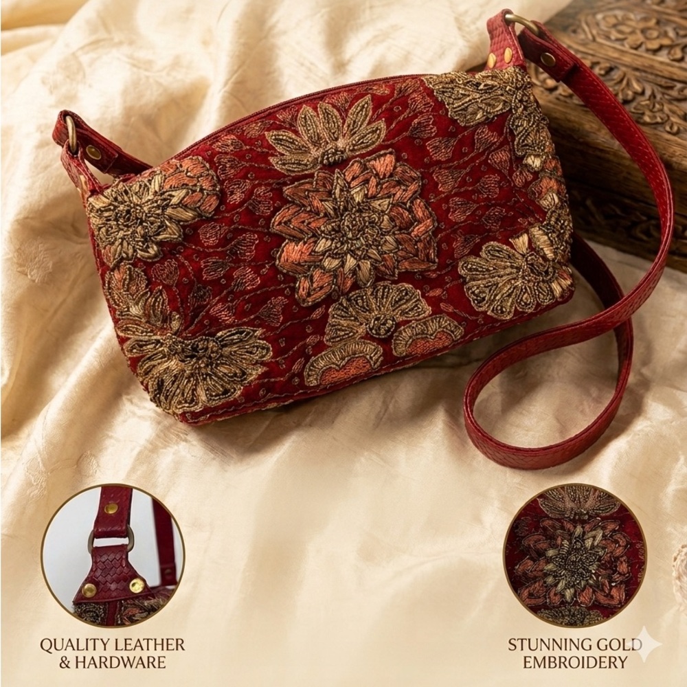 Embroidered Red Floral Shoulder Bag - Womens